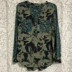 Intro Mixed Print Floral Tie Dye Roll Tab Sleeve Boho Top Green Black M